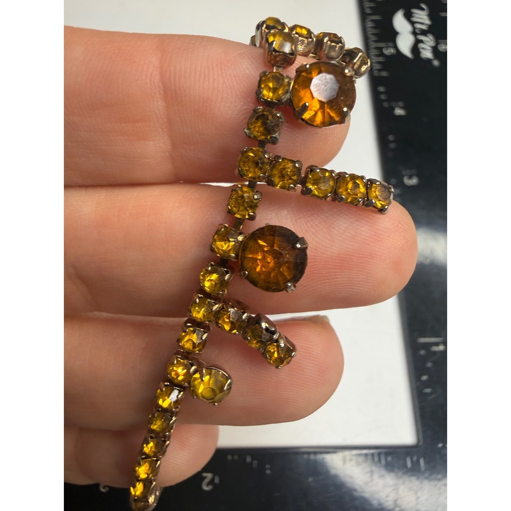 Amber Rhinestone Fringe Necklace Gold Tone Mid Century Glamour 15 Inch